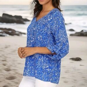 Lilly Pulitzer Tye Womens Blue White Size XS Blouse Top Silk Tab Sleeve